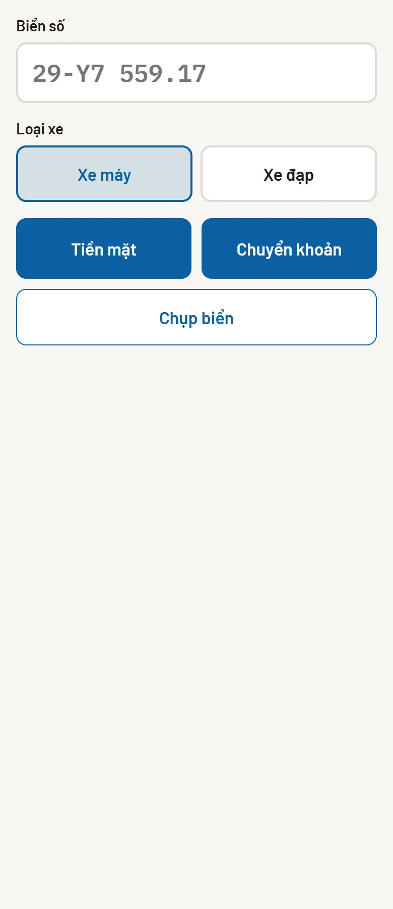 Tab Cho vào — ô biển số và nút chụp