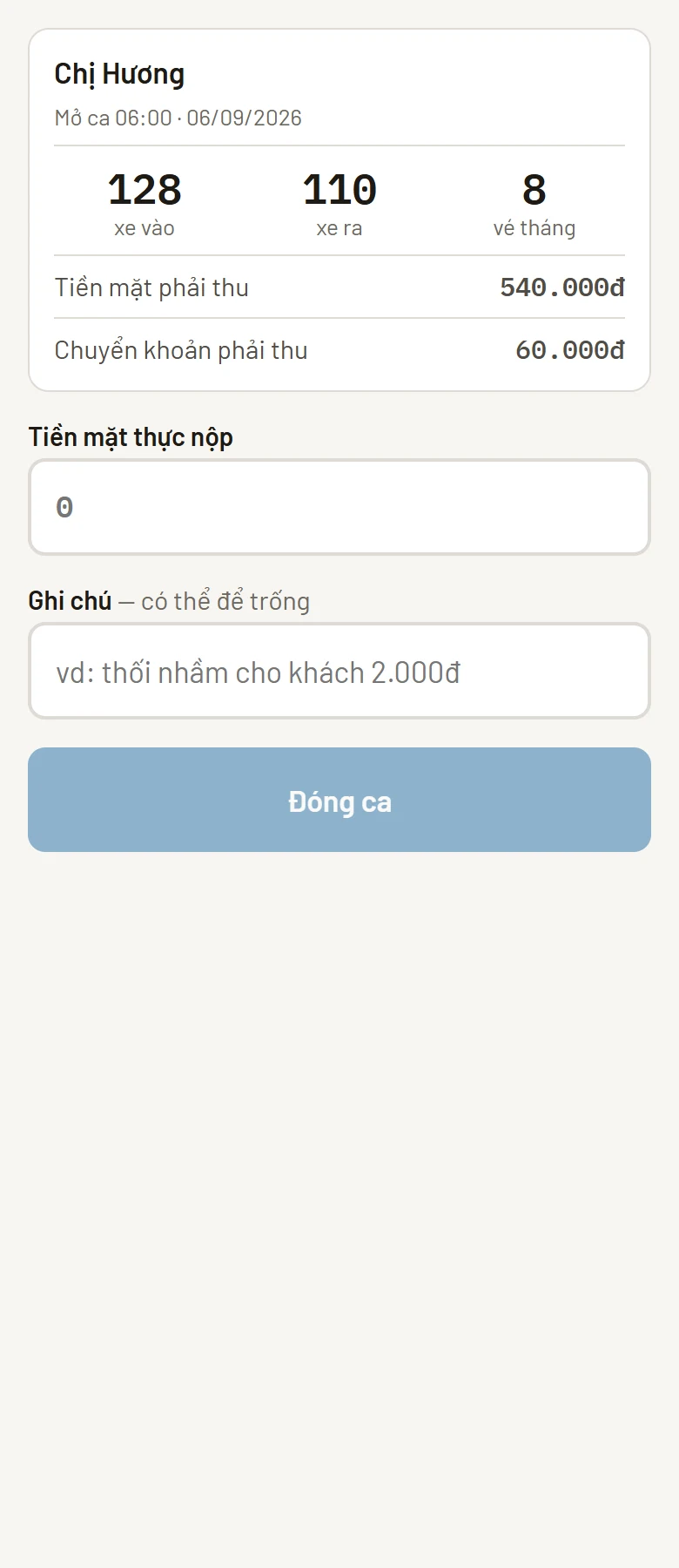 Màn Ca — số phải nộp ở trên, ô nhập số thực nộp ở dưới